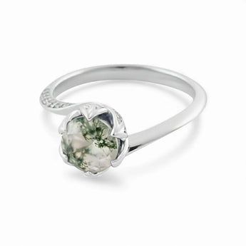 Round Moss Agate Petal Prong Ring - Bloom 925 Sterling Silver Low Angle View