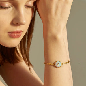 Round Opal Paperclip Bracelet - Solo Moon 18KT Yellow Gold Vermeil Model Shot