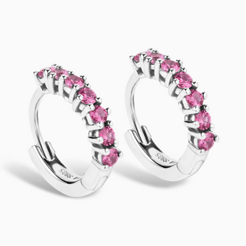 Round Pink Tourmaline Huggie Hoop Earrings - Hushed 925 Sterling Silver Side View