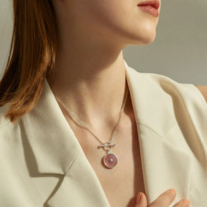 Round Pink Tourmaline Toggle Clasp Necklace - Inner Star 925 Sterling Model Shot