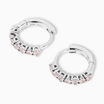 Round Rose Quartz Huggie Hoop Earrings - Hushed 925 Sterling Silver Overhead View