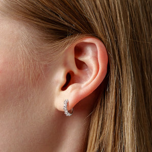 Round Rose Quartz Huggie Hoop Earrings - Hushed 925 Sterling Silver Worn View