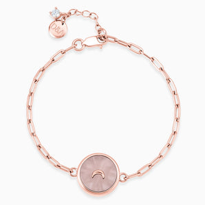 Round Rose Quartz Paperclip Bracelet - Solo Moon 18KT Rose Gold Vermeil Front View