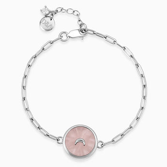 Round Rose Quartz Paperclip Bracelet - Solo Moon 925 Sterling Front View