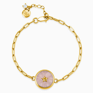 Round Rose Quartz Paperclip Bracelet - Solo Star 18KT Yellow Gold Vermeil Front View