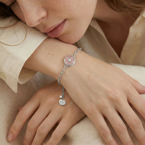 Round Rose Quartz Paperclip Bracelet - Solo Star 925 Sterling Model Shot