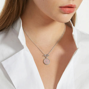 Round Rose Quartz Toggle Clasp Necklace - Inner Moon 925 Sterling Model Shot