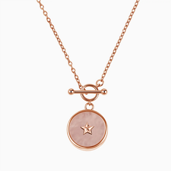 Round Rose Quartz Toggle Clasp Necklace - Inner Star 18KT Rose Gold Vermeil Front View