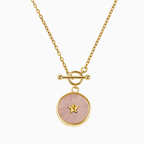 Round Rose Quartz Toggle Clasp Necklace - Inner Star 18KT Yellow Gold Vermeil Front View