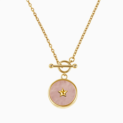Round Rose Quartz Toggle Clasp Necklace - Inner Star 18KT Yellow Gold Vermeil Front View