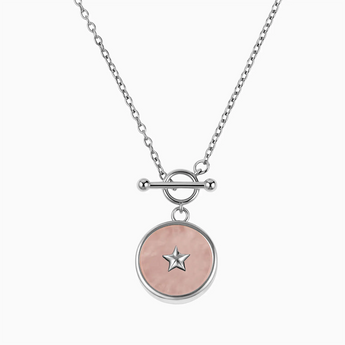Round Rose Quartz Toggle Clasp Necklace - Inner Star 925 Sterling Front View