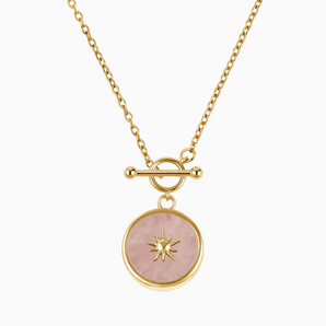 Round Rose Quartz Toggle Clasp Necklace - Inner Sun 18KT Yellow Gold Vermeil Front View