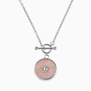 Round Rose Quartz Toggle Clasp Necklace - Inner Sun 925 Sterling Front View