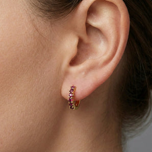 Round Ruby Huggie Hoop Earrings - Hushed 18KT Yellow Gold Vermeil Worn View