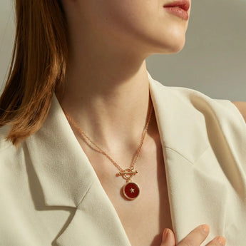 Round Ruby Toggle Clasp Necklace - Inner Star 18KT Rose Gold Vermeil Model Shot