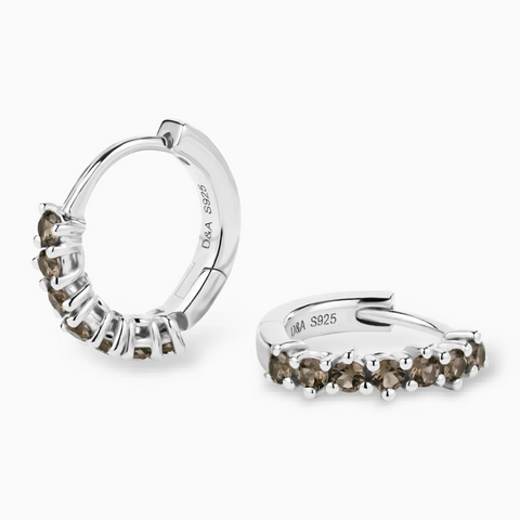 Round Smoky Quartz Huggie Hoop Earrings - Hushed 925 Sterling Silver Multi Angle View