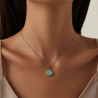 Round Turquoise Toggle Clasp Necklace - Inner Sun 18KT Rose Gold Vermeil Model Shot