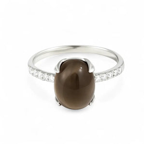 Smoky Quartz Cabochon Ring - Minimal Spiritual 925 Sterling Silver Front View