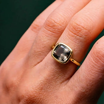 Smoky Quartz Cushion Ring - Pure Hush 18KT Yellow Gold Vermeil Worn View