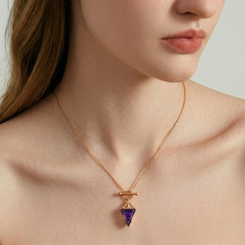 Triangle Amethyst Toggle Clasp Necklace - Pendulum 18KT Rose Gold Vermeil Model Shot