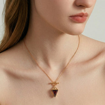 Triangle Garnet Toggle Clasp Necklace - Pendulum 18KT Rose Gold Vermeil Model Shot