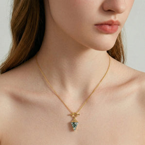 Triangle Moss Agate Toggle Clasp Necklace - Pendulum 18KT Yellow Gold Vermeil Model Shot