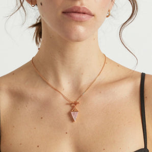 Triangle Rose Quartz Toggle Clasp Necklace - Pendulum 18KT Rose Gold Vermeil Model Shot